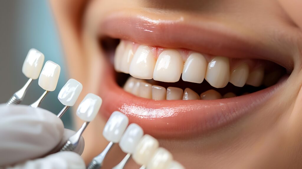 Close-up of a smiling woman with a healthy smile. The woman has her mouth open and is smiling, showing off her white teeth.